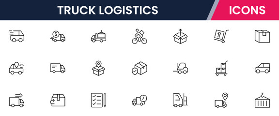Vector illustration web line icon collection for truck logistics: vehicles, cargo, delivery, and transport symbols in a streamlined, modern, and efficient design style.