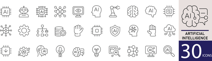 Minimal Artificial Intelligence Line Icon Set 30 Clean Outline Designs for AI, Robot, and Machine Learning Themes