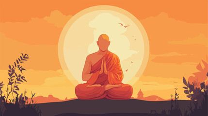 Buddhist Monk Prayer Flat Vector Illustration