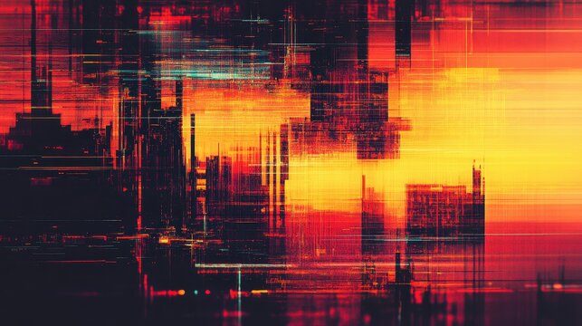 Abstract cityscape design with glitch effects. - Powered by Adobe
