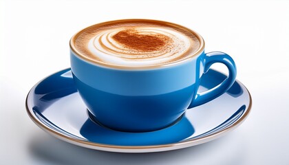 beautifully served cappuccino in vibrant blue cup isolated on white background