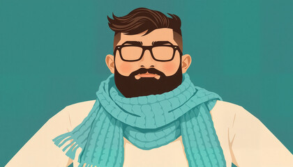 Fototapeta premium Bearded man wearing glasses and a blue scarf with calm expression 
