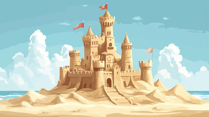 Impressive Sand Castle with Towers and Flag Vector Illustration