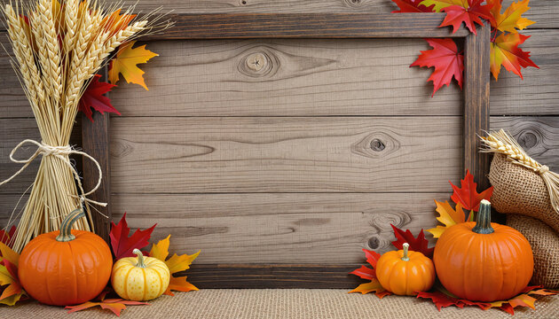 Autumn background with pumpkins, leaves, and wheat in wooden frame  