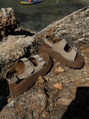 Sandals on Rock Beside Clear Seaside Water
