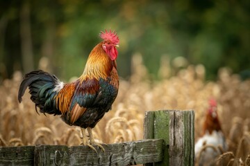 A photograph of a proud rooster perched on a weathered wooden fence post
