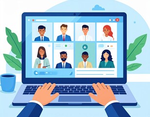 Hands typing on a laptop during a video call with eight diverse people displayed on screen in an illustrated style