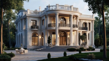 Obraz premium Elegant neoclassical mansion with columns, balcony, and landscaping at sunset.