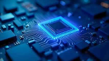 4K Macro Shot of Advanced AI Chip on Dark Blue Motherboard with Glowing Electric Blue Circuits