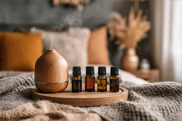 Aroma diffuser with essential oils on cozy bedroom. Relaxation, aromatherapy, and cozy home wellness.