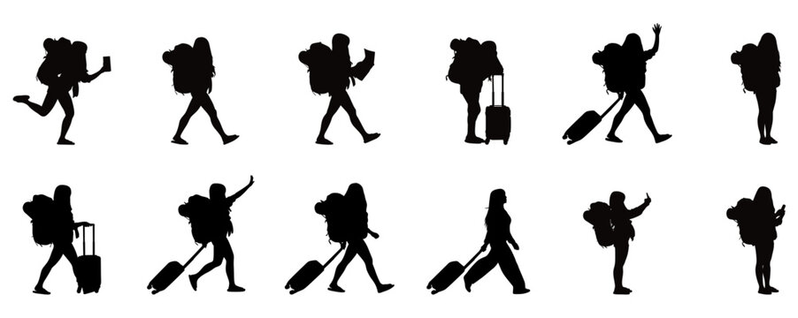 Collection of set of black silhouette vectors depicting tourists at different stages of their journey.