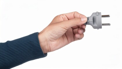 hand holding small grey electrical plug with two prongs isolated on white background