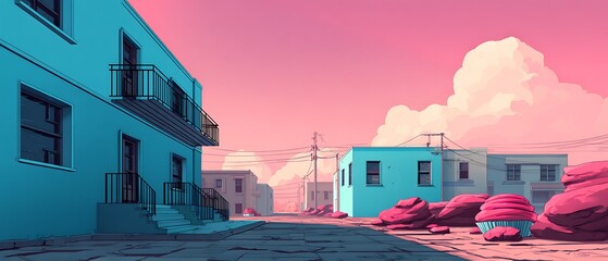 Pastel-toned street scene with buildings and clouds