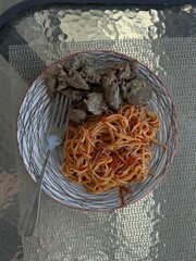 Overhead View of Spaghetti with Side Dish