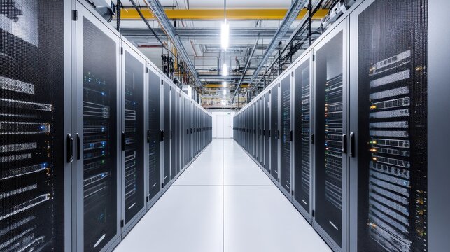 Rows of server racks in a modern data center.