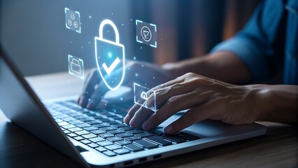 Hands type on a laptop with digital security icons floating above the keyboard