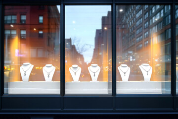 Jewelry store window, Modern storefront displays with warm lighting, necklace presentations. Concept of showcasing visual merchandise techniques, minimalistic boutique interior design,jewellery retail