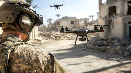 Soldier in tactical gear controls reconnaissance drone in destroyed city with crumbling structures. Concept of military technology and unmanned aerial systems in modern battlefield operations.