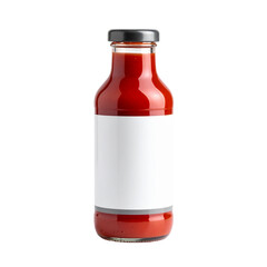 Red sauce bottle with a blank label suitable for food product mockups, advertising, packaging design, and restaurant menus.
