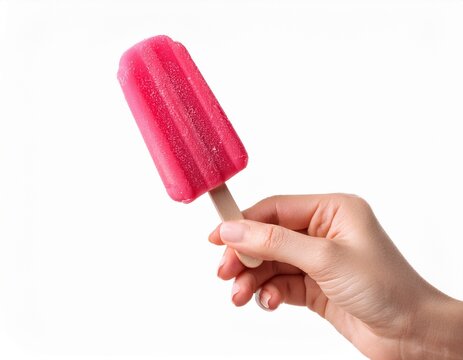 hand holds vibrant pink popsicle on wooden stick isolated on white background