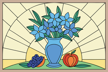 Stained Glass Floral Illustration Blue Flowers, Fruit, and Vase