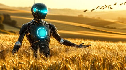 Humanoid robot stands in a golden wheat field at sunset, observing the landscape as birds soar above. Concept of artificial intelligence revolutionizing agriculture and sustainable farming