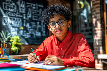 Gifted student, African American boy in red shirt studies physics, writing in notebook, scientific formulas on blackboard. Concept advanced physics education for talented students, academic enrichment