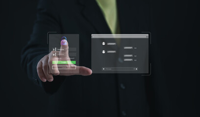 Businessman pressing a secure login interface with fingerprint recognition and password field, representing data protection, authentication, and cybersecurity in modern digital systems.