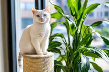 White cat sitting calmly on scratching post near lush green houseplant. Concept of pet-safe indoor plants in home decor, mindful, awareness pet owners, avoiding toxic plants for cats in modern home