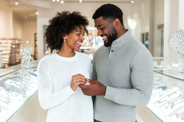African American young, smiling couple choosing jewelry in bright, modern jewellery store with sparkling gold accessories. Concept of love, gift for celebration romance event, wedding anniversary