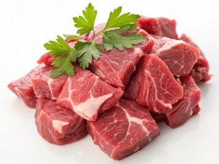 Fototapeta premium Raw Beef Cubes With Fresh Parsley Sprig Overhead Shot meat stew