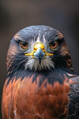 Fototapeta premium Majestic hawk with striking features and intense gaze, showcasing rich brown and black plumage, perched confidently against a blurred background, embodying the essence of wildlife