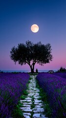 Lavender field at twilight, solitary tree