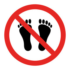 No bare feet allowed sign. Red circle with crossed-out footprints indicates prohibition against walking barefoot. This no bare feet symbol is perfect for public spaces requiring footwear.