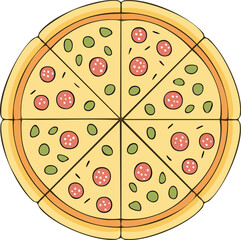 Overhead view of a pizza with pepperoni, olives, and herbs.