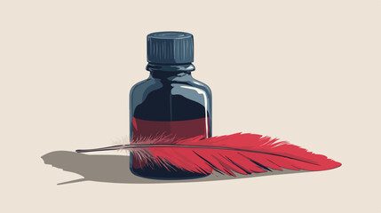 Vintage Ink Bottle with Feather Flat Vector Illustration