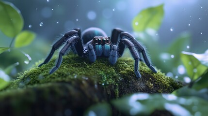 ChatGPT сказал:
Close-up of a tarantula spider crawling on a mossy surface in a lush, rainy forest environment, with water droplets glistening on leaves and the spider’s detailed features. Concept for