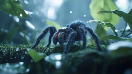 ChatGPT сказал:
Close-up of a tarantula spider crawling on a mossy surface in a lush, rainy forest environment, with water droplets glistening on leaves and the spider’s detailed features. Concept for