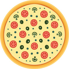 Overhead view of a pizza with pepperoni, olives, and herbs.