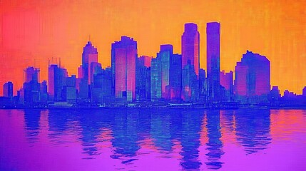 Fototapeta premium Vibrant cityscape reflected in a tranquil body of water.