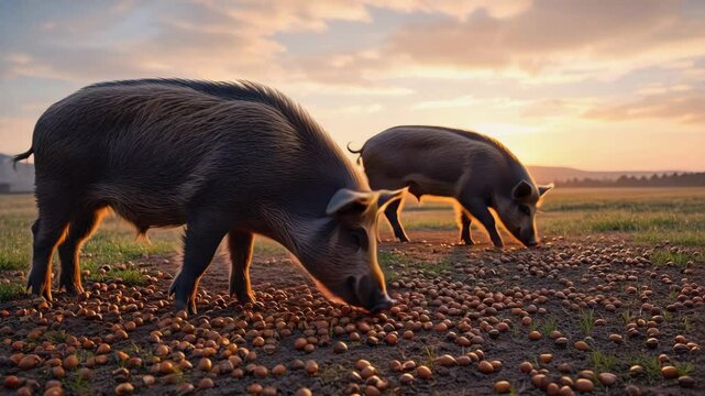 Pigs eating acorns.