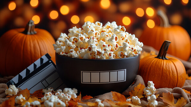 Popcorn, pumpkins, clapperboard on autumn leaves with lights