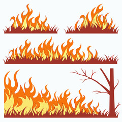 Four stylized illustrations of fire burning in grass with a bare tree flames heat