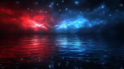 Obraz premium Abstract cosmic landscape featuring celestial nebulas reflected in serene water offering a surreal photo.