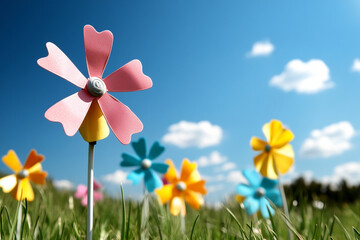 Colorful pinwheel spins joyfully in the spring breeze on a sunny day