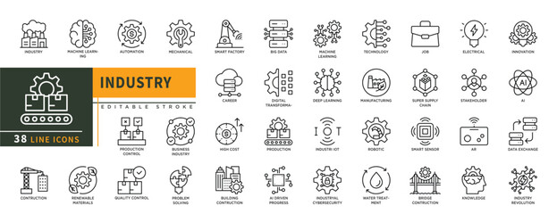 Minimalist Industry line icons set with editable stroke, featuring machine learning, automation, mechanical, smart factory, big data, quality control, building contruction. thin linear illustration.