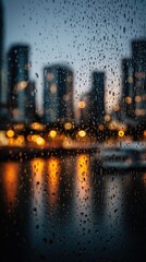Raindrops on window glass overlooking blurry city skyline at night with golden bokeh lights