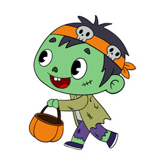 Magical day Halloween. Cute zombie cartoon idea mask costume. Happy and smiling funny green skin monster. Line art element collection 