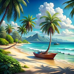 tropical beach with a boat and palm trees