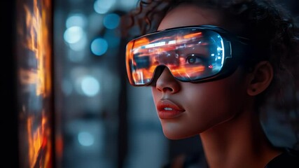 A young woman with curly hair gazes at futuristic virtual reality glasses - Powered by Adobe